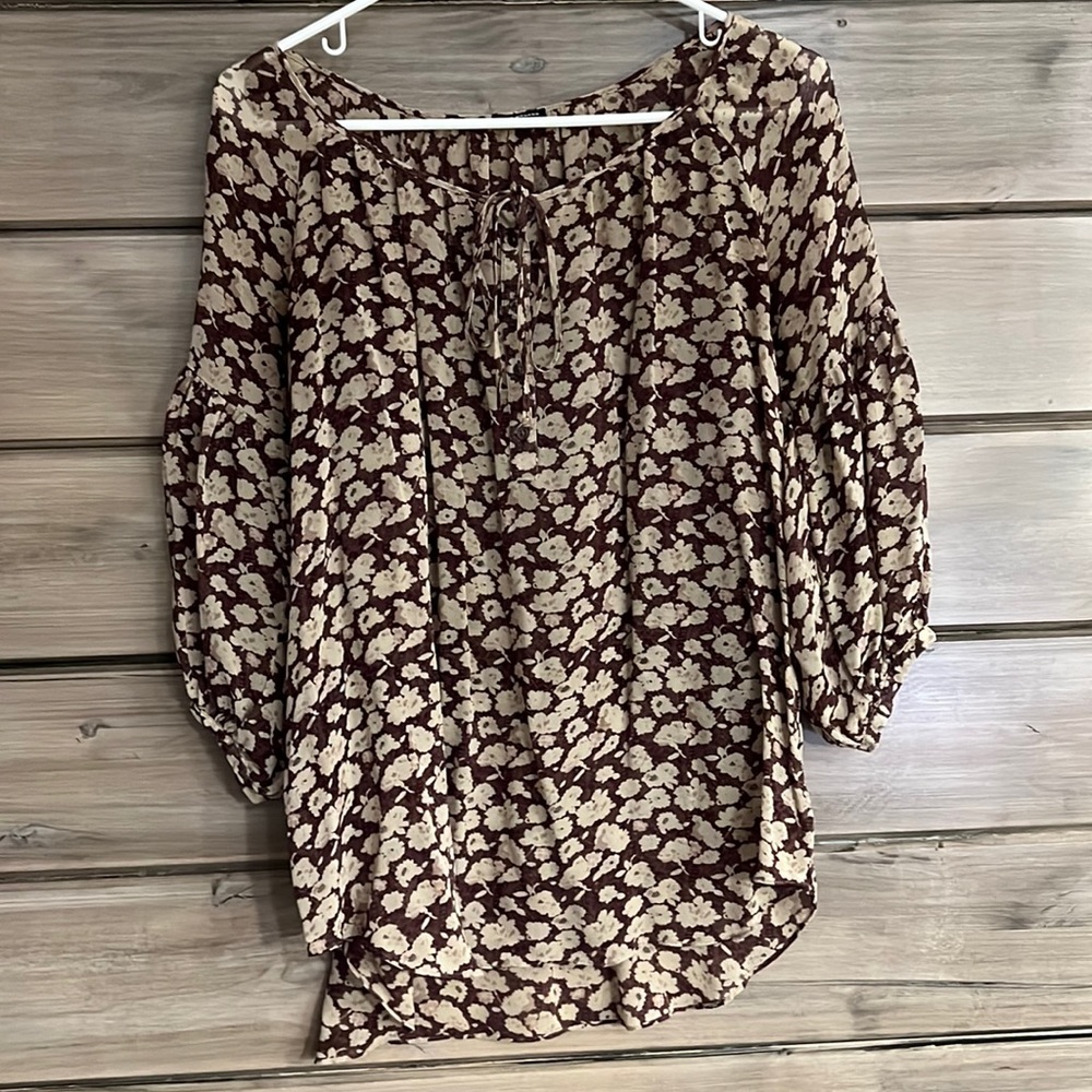 Club Monaco Silk Blouse Brown Floral 3/4 Puff Sleeve Relaxed Fit Tunic